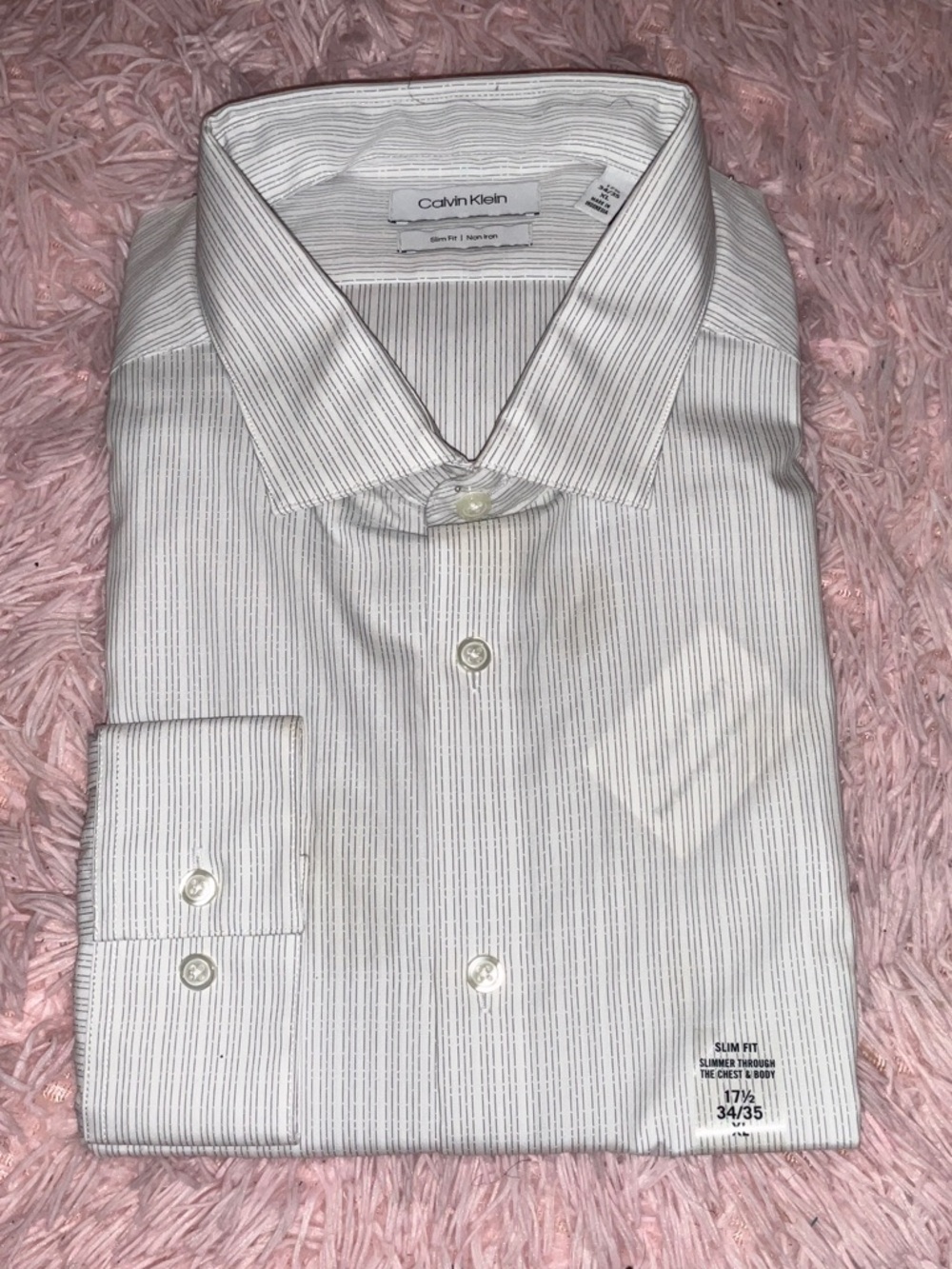 Calvin Klein Slim Fit White Dress Shirt with Gray Pinstripes